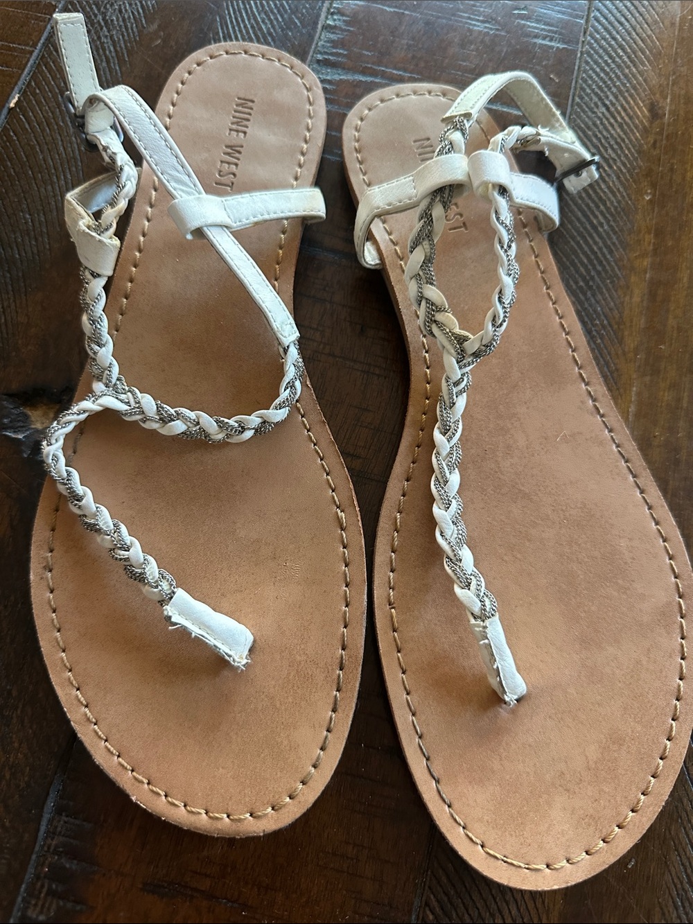Nine West Cream Braided T-Strap Sandals